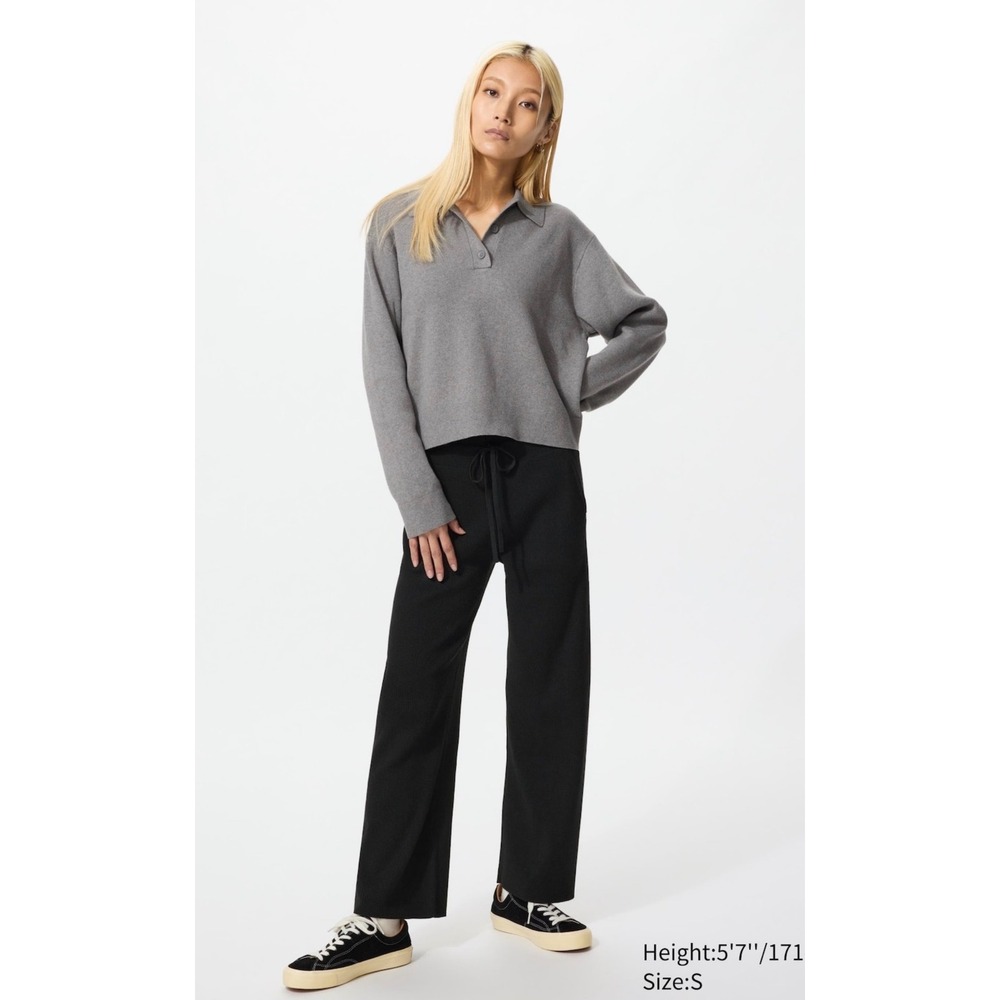 Uniqlo Washable Knit Ribbed Pants Black Wide Leg Drawstring Lounge Trousers M